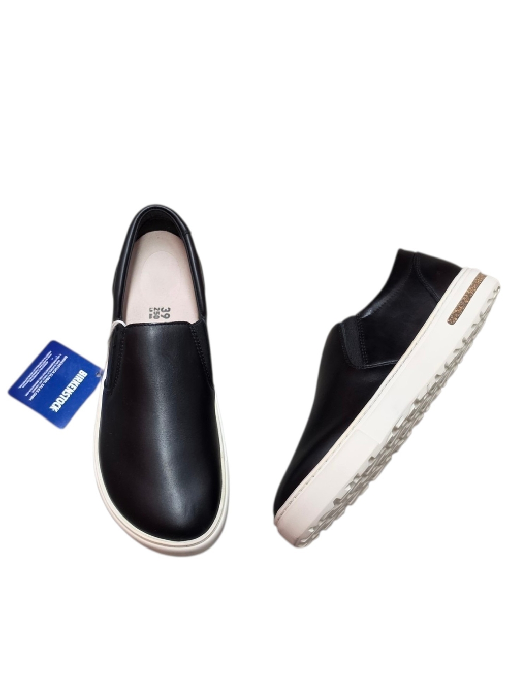 Birkenstock Black Slip-On Leather Loafers with White Sole